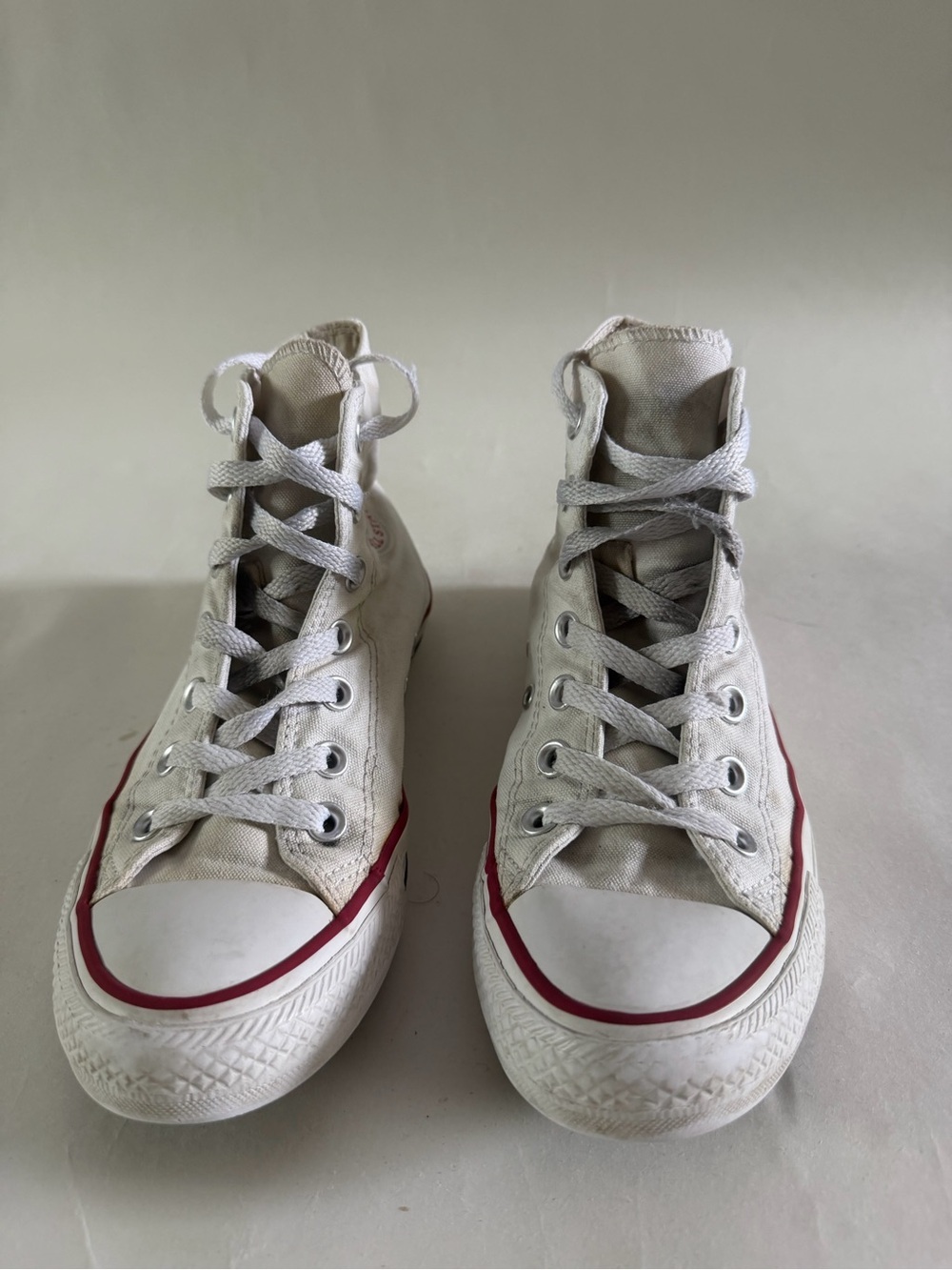 Women’s Classic High-Top Converse Sneakers in White with Red Trim